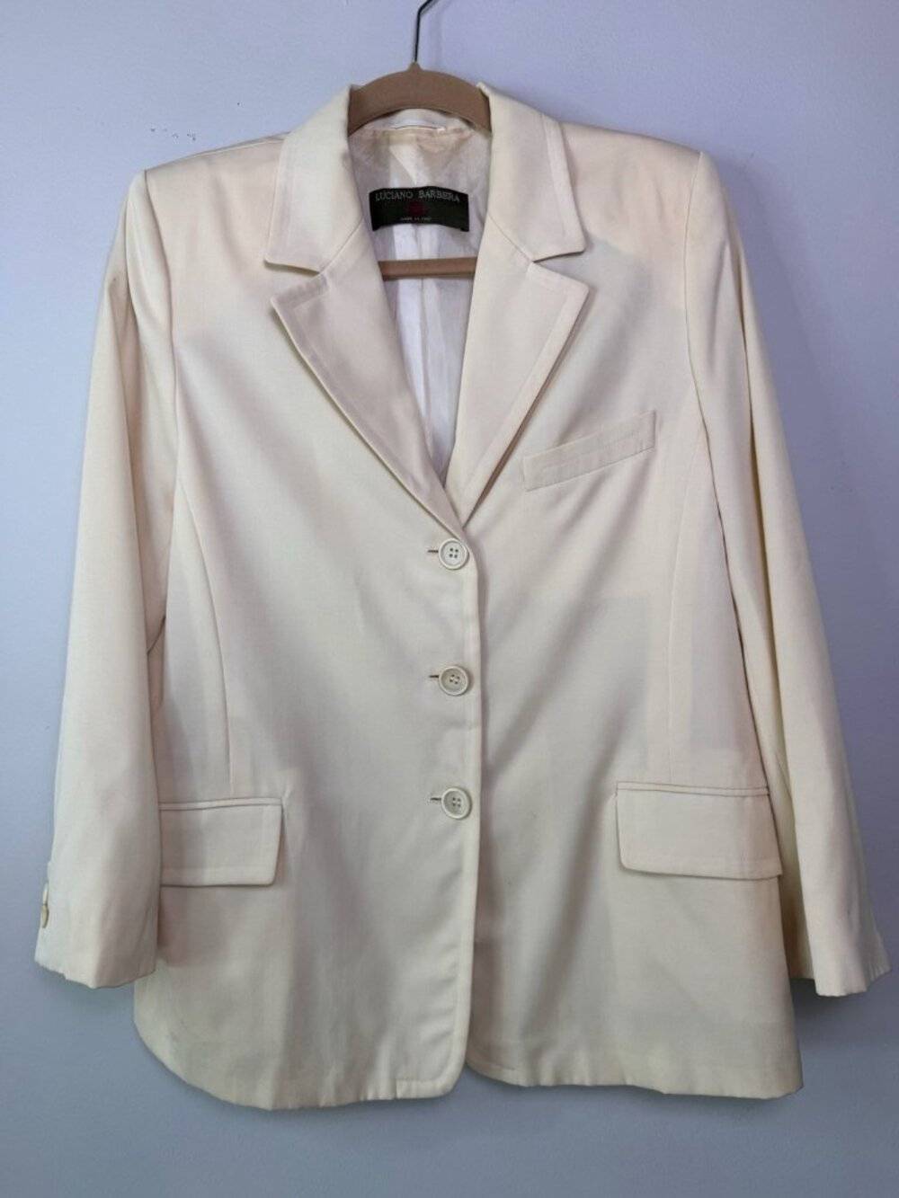 VTG Luciano Barbera 100% Wool Blazer Jacket Women Size 44 Solid Cream Italy